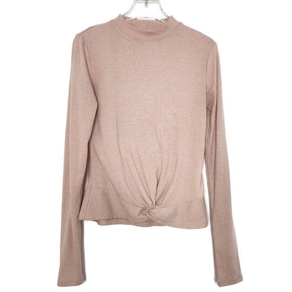 Wonderly Tops - Wonderly Mock Neck Top Small Soft Pink Ribbed Twist Front Long Sleeve